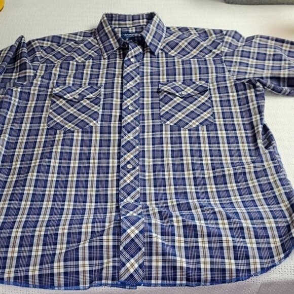 Wrangler Western Wear Sz. L Blue Plaid Pearl Snap SS Casual Button Down Shirt - Picture 10 of 14